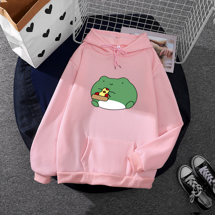 Damen gemütlicher Kapuzenpullover mit kawaii Frosch‑Pizza‑Motiv und oversized Relax‑Fit – Auréline