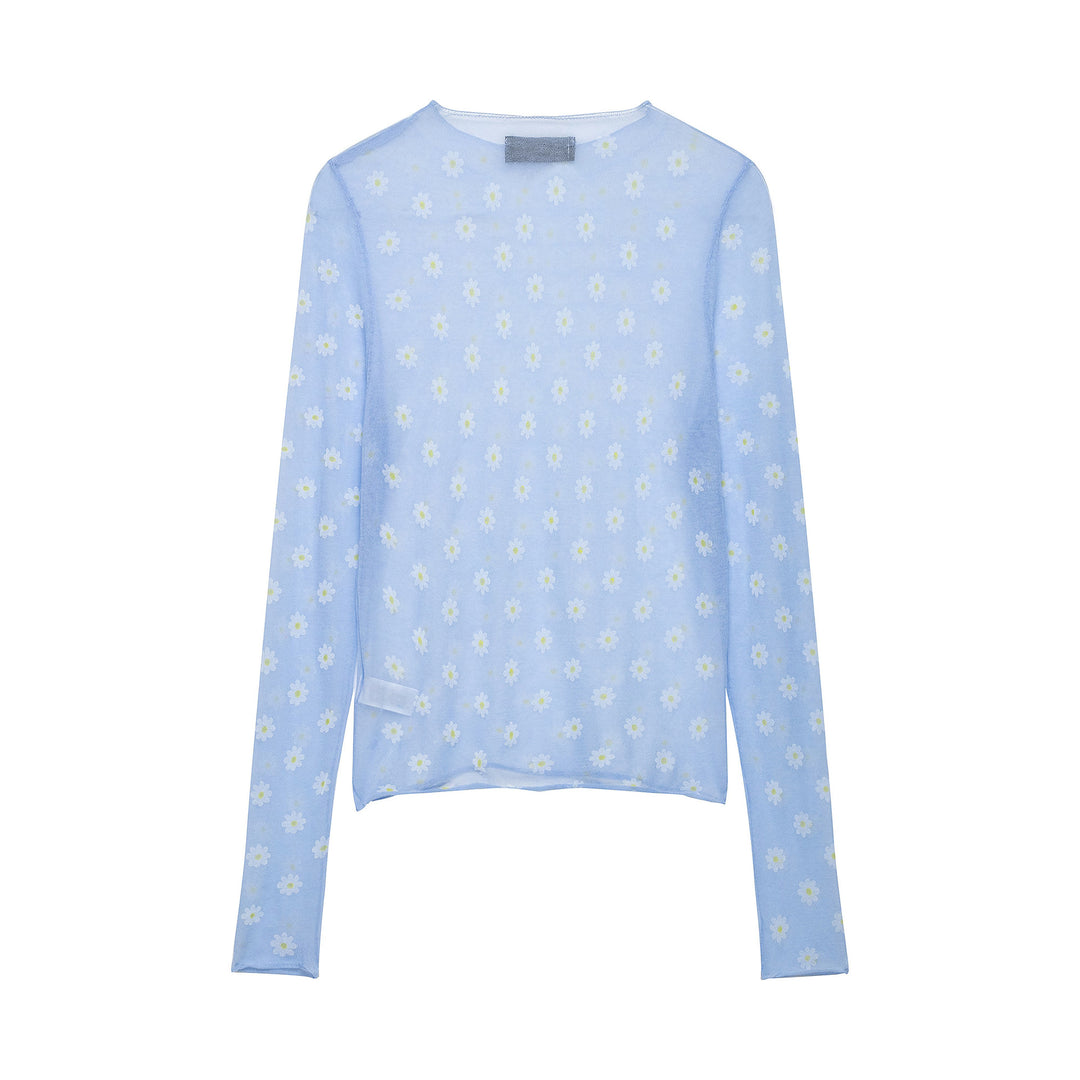 Damen Feines transparentes Mesh-Longsleeve mit Allover-Gänseblümchenprint und Rundhalsausschnitt Echoarchiv