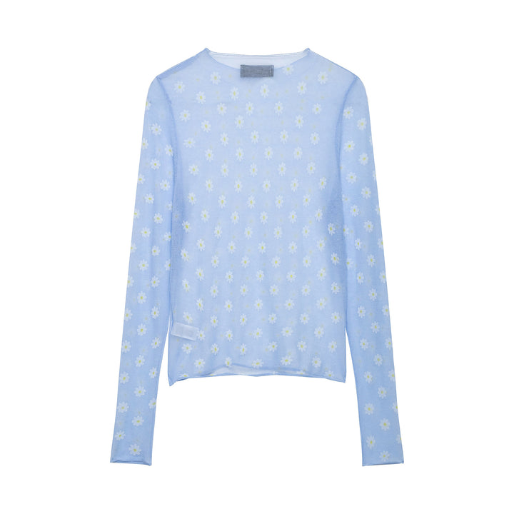 Damen Feines transparentes Mesh-Longsleeve mit Allover-Gänseblümchenprint und Rundhalsausschnitt Echoarchiv