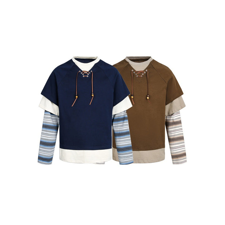 Damen Lagenlook-Sweatshirt mit Schnürung, gestreiften Ärmel-Einsätzen und asymmetrischem Saum Echoarchiv