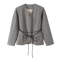 Damen Taillierte Glencheck-Blazerjacke mit V-Ausschnitt und Bindegürtel Echo Archiv