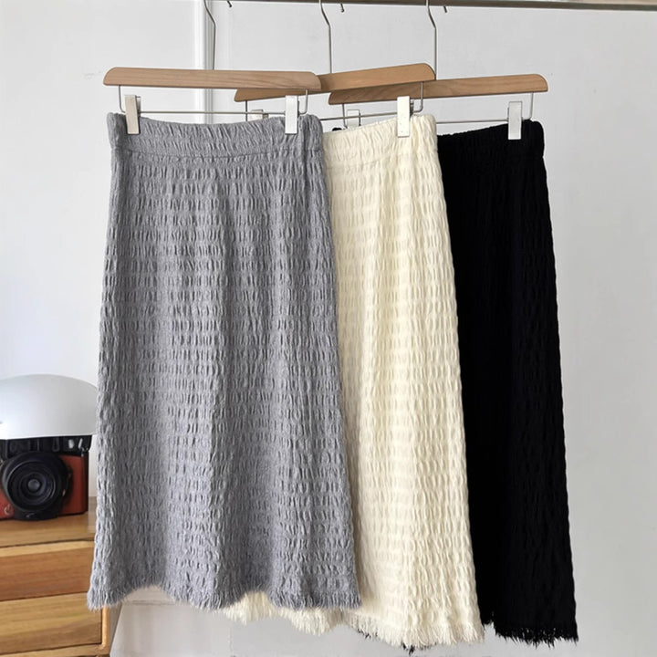Damen Langer Strickrock mit fransigem Saum und strukturiertem Design – Rosévia