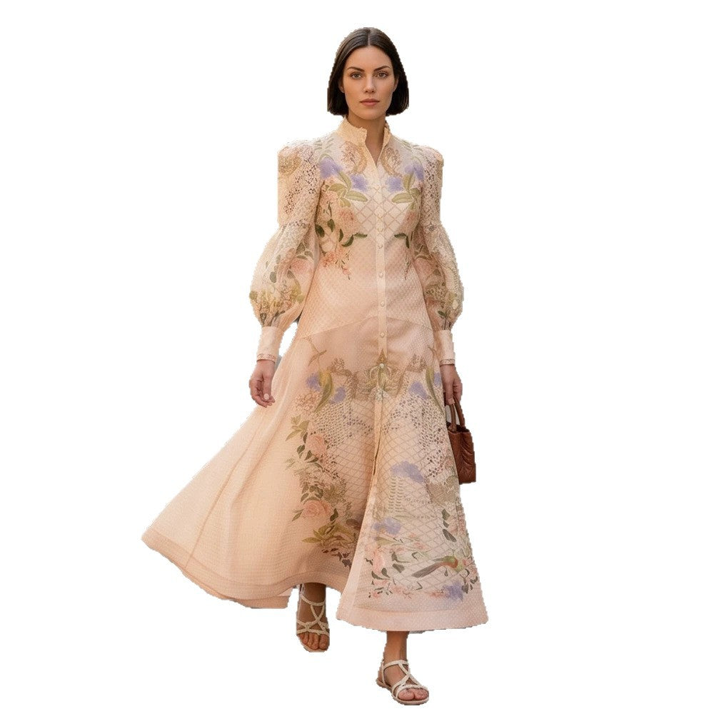 Damen Maxikleid mit floralem Druck, durchgehender Knopfleiste und voluminösen Puffärmeln Echoarchiv