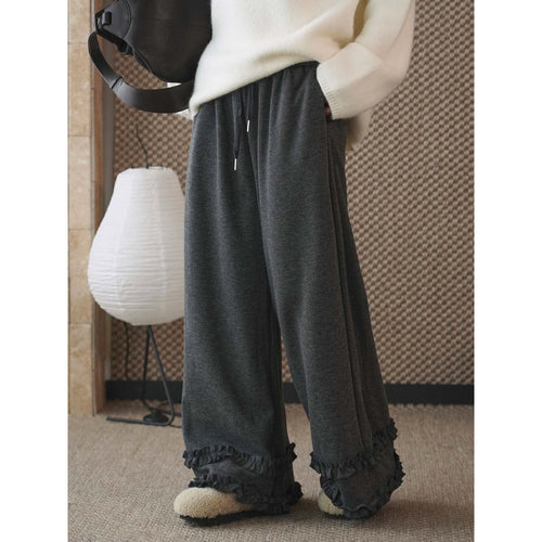 Damen Weite Loungewear-Hose mit Elastbund, Tunnelzug und Volant-Detail Echoarchiv