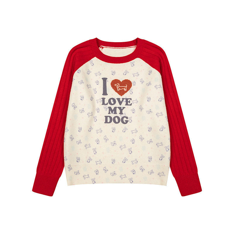 Damen Gestrickter Raglanpullover mit Herz‑Hundemotiv, Rippärmeln und Allover-Print Echoarchiv