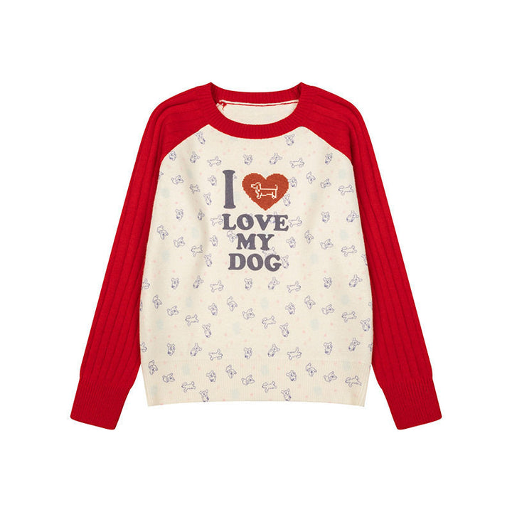 Damen Gestrickter Raglanpullover mit Herz‑Hundemotiv, Rippärmeln und Allover-Print Echoarchiv