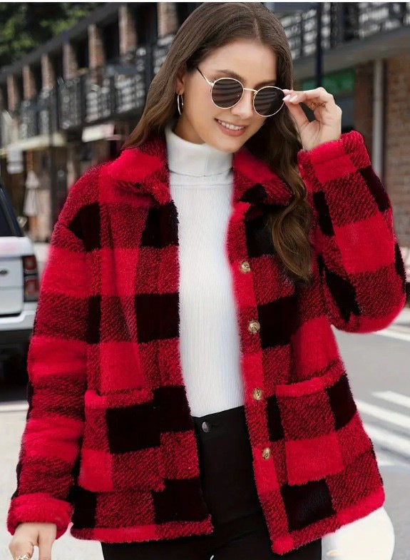 Damen nan gefütterte Karo Teddy-Fleece Shacket mit Knopfleiste und aufgesetzten Taschen Echo Archiv