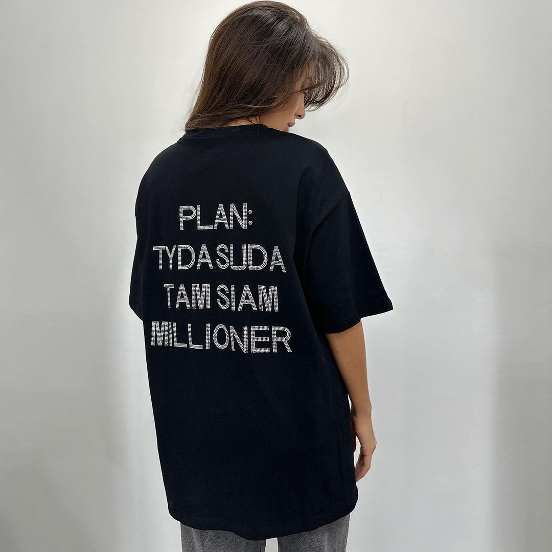 Damen oversized Statement-T-Shirt mit Strassschrift auf dem Rücken – Avérine