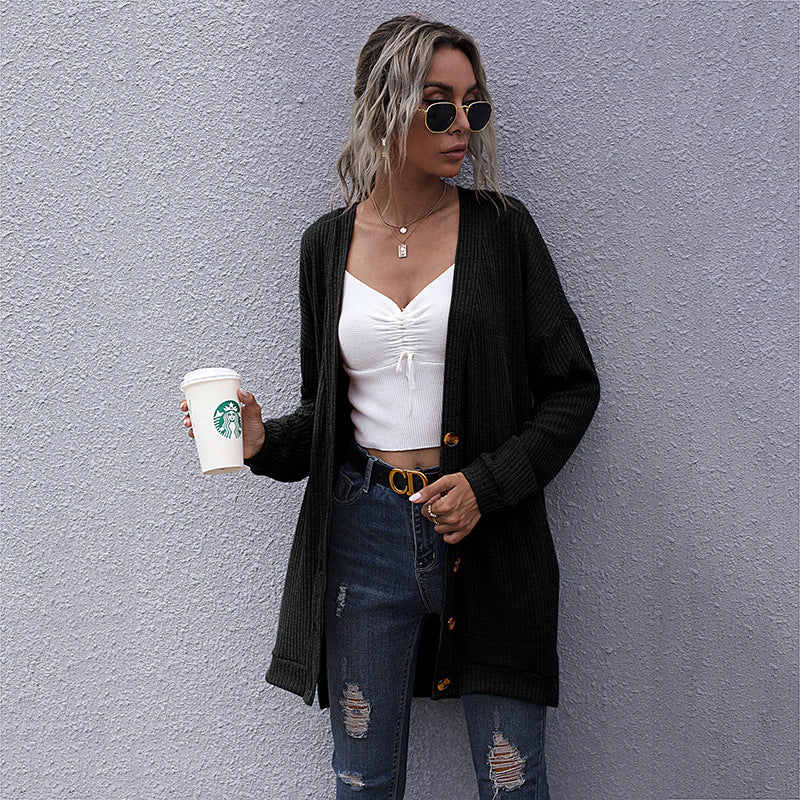 Damen Longline Rippstrick-Cardigan mit Knopfleiste, Eingrifftaschen und Oversize-Silhouette Echoarchiv