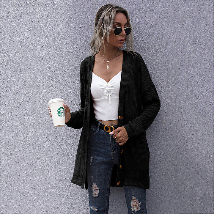 Damen Longline Rippstrick-Cardigan mit Knopfleiste, Eingrifftaschen und Oversize-Silhouette Echoarchiv