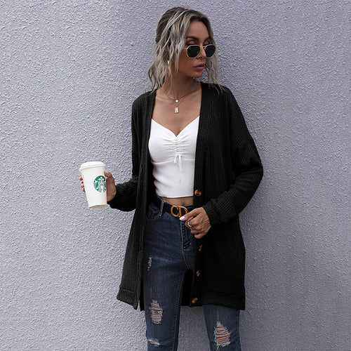 Damen Longline Rippstrick-Cardigan mit Knopfleiste, Eingrifftaschen und Oversize-Silhouette Echoarchiv