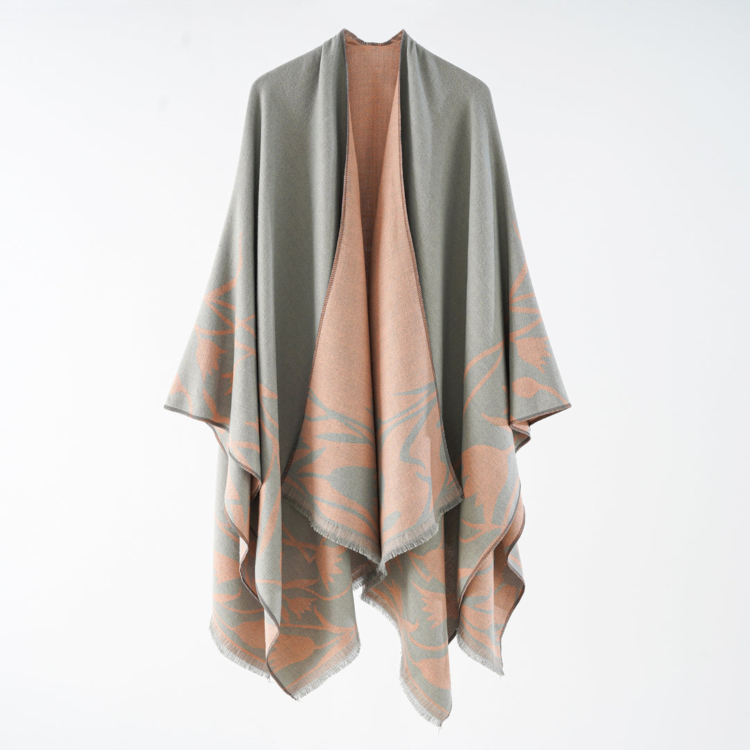 Damen Wendbarer Oversize-Capeponcho aus Wollmix mit floraler Jacquardwebung Echo Archiv