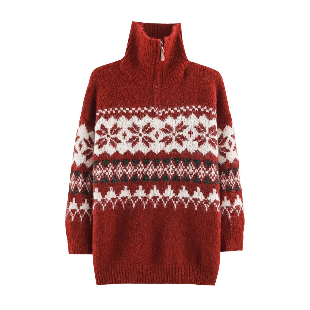 Damen Norwegermuster Strickpullover mit halbem Reißverschluss und Stehkragen Echoarchiv
