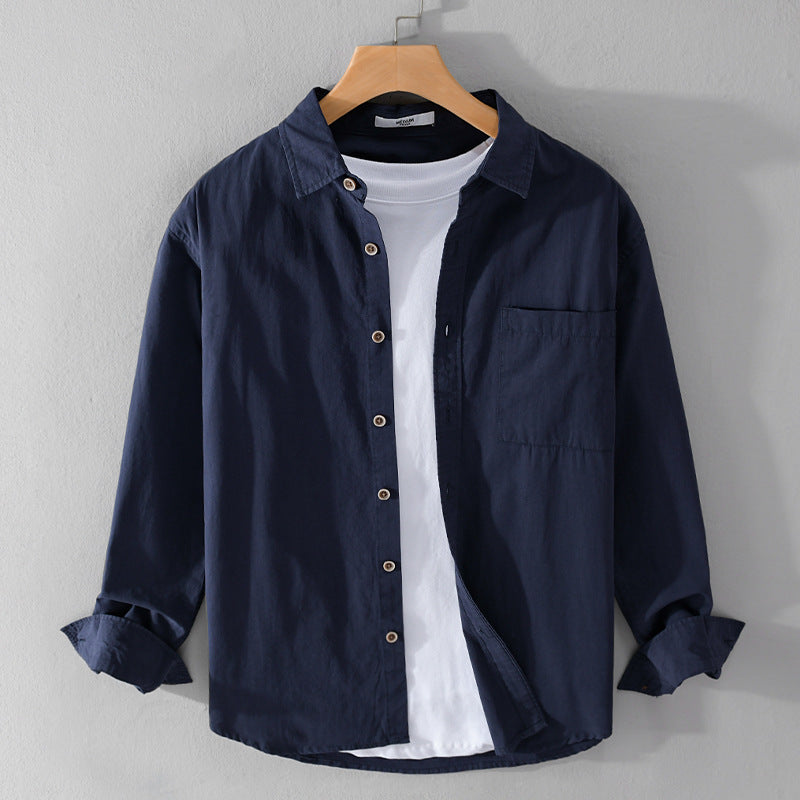 Herren Leichtes Baumwoll-Layering-Overshirt mit Kentkragen, Holzknöpfen und aufgesetzter Brusttasche Echoarchiv