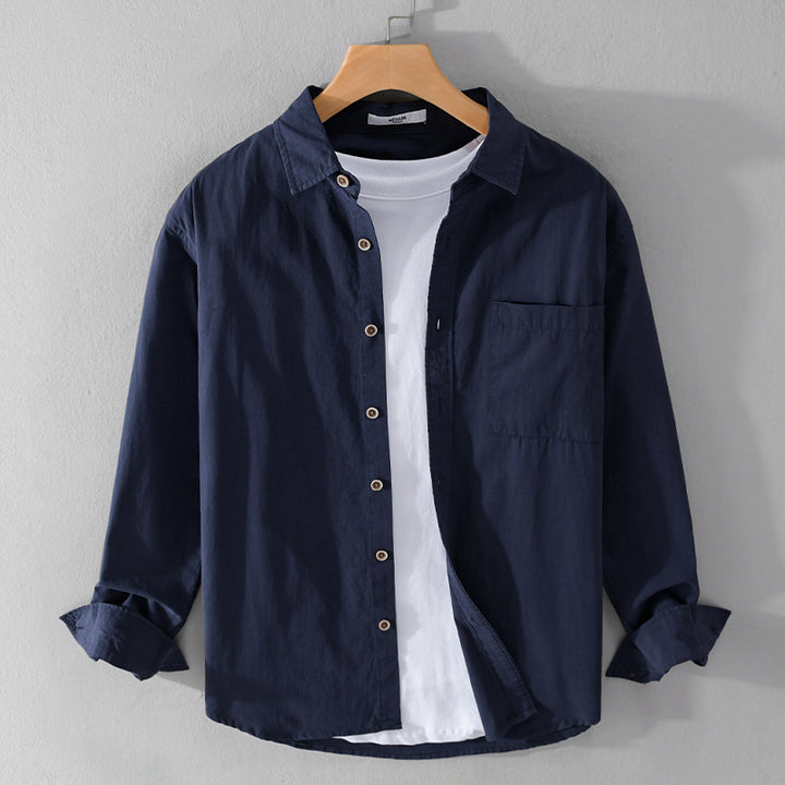 Herren Leichtes Baumwoll-Layering-Overshirt mit Kentkragen, Holzknöpfen und aufgesetzter Brusttasche Echoarchiv