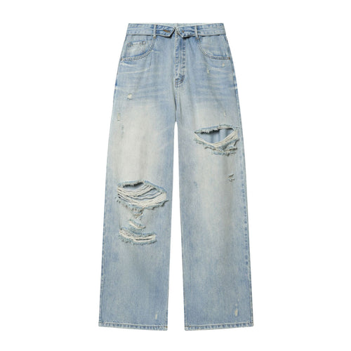 Damen hochgeschnittene weite Jeans mit geradem Bein, Destroyed‑Details und klassischer Five‑Pocket‑Passform – Dénora