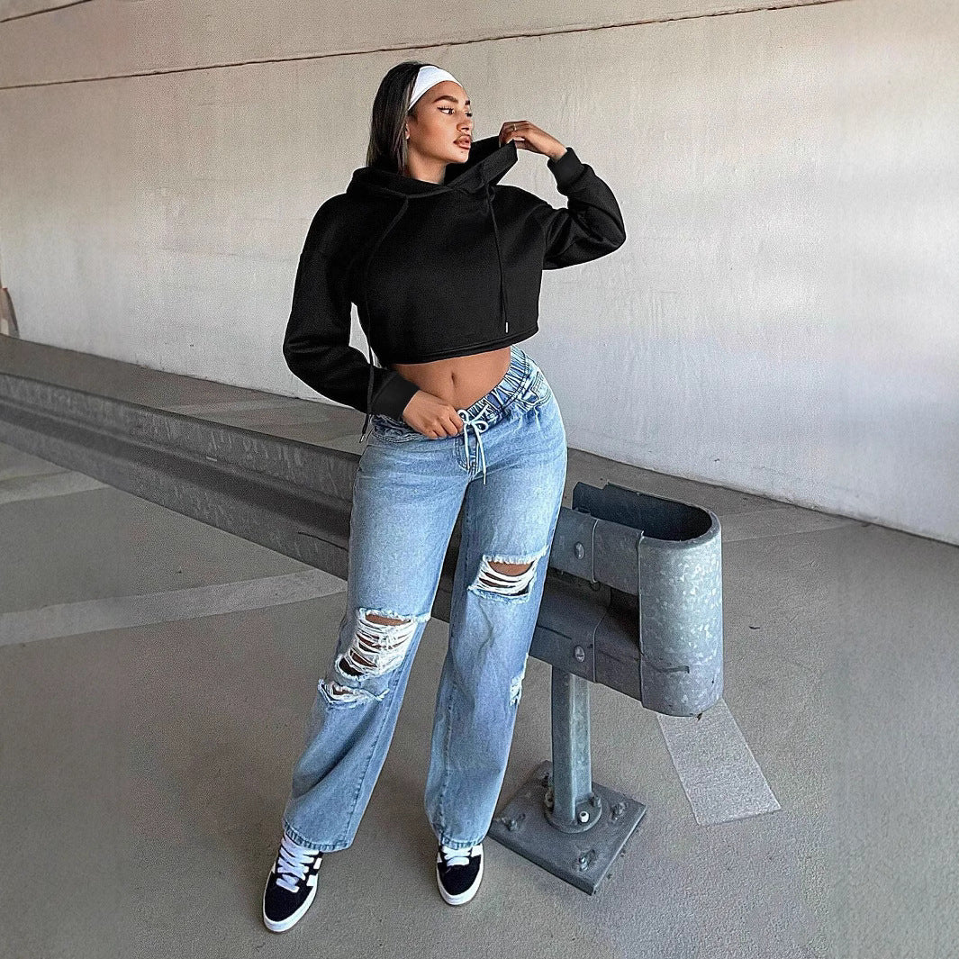 Damen kurzes Kapuzen-Sweatshirt Cropped-Hoodie mit Kordelzug gerippten Bündchen und lässiger Oversize-Passform – Auréline