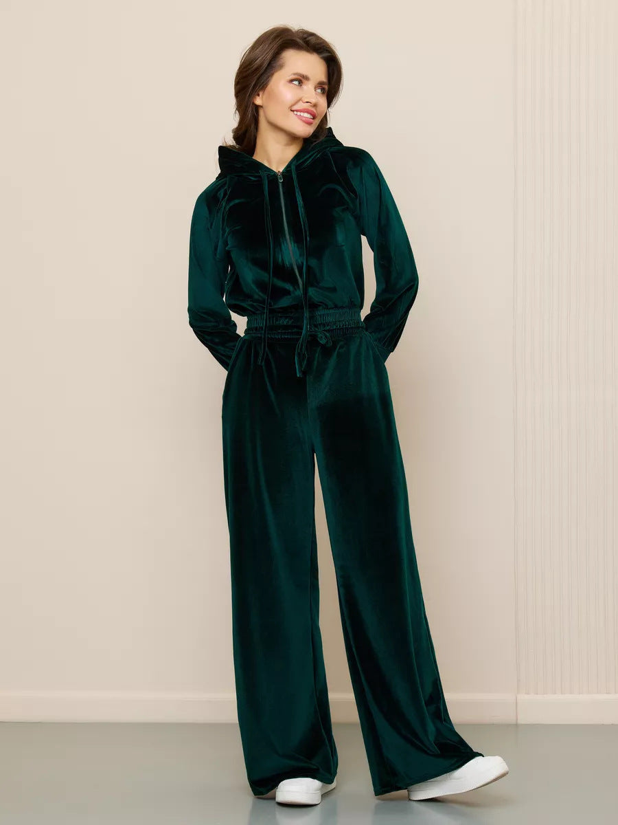 Damen luxuriöses Velours-Lounge-Set mit kurzem Reißverschluss-Hoodie und weitem Comfort-Hose – Auréline
