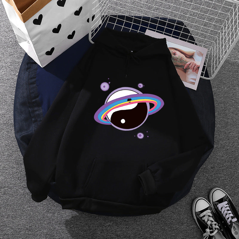 Damen Oversized Kapuzenpullover aus Baumwollmischung mit Planeten-Yin‑Yang-Grafik und Kängurutasche – Auréline
