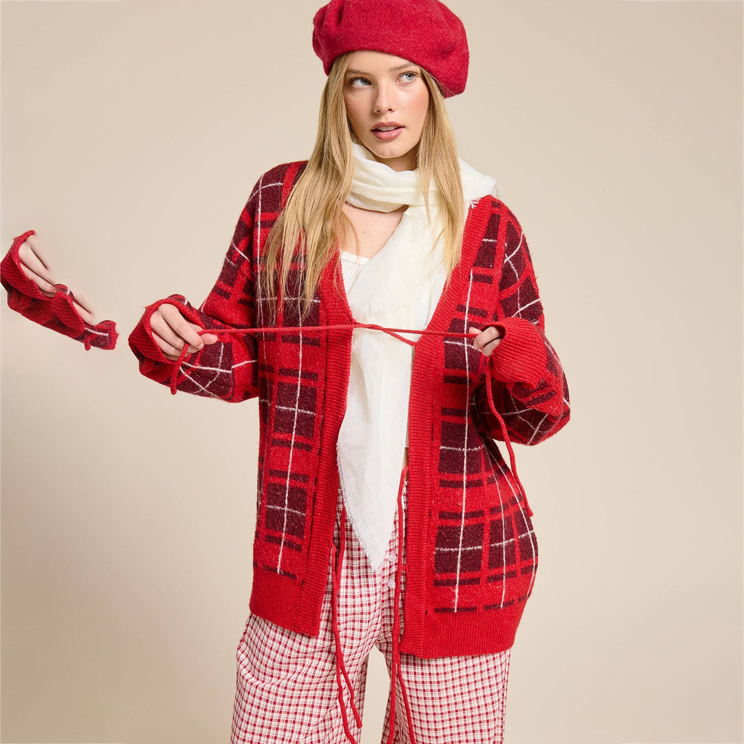 Damen Oversize Karierter Strickcardigan mit Bindegürtel & aufgesetzten Taschen Echoarchiv