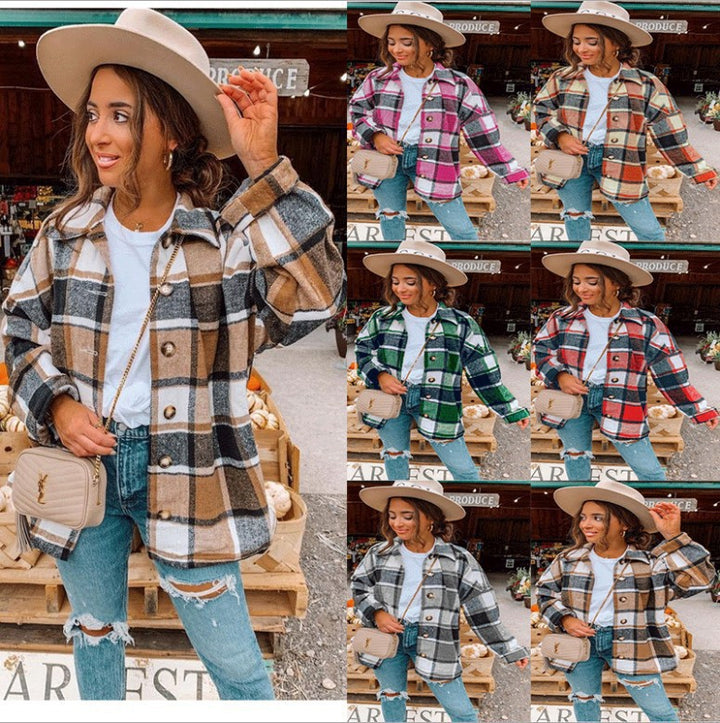Damen Oversized Kariertes Flanell‑Shacket mit Brusttaschen und Holzknöpfen Echoarchiv