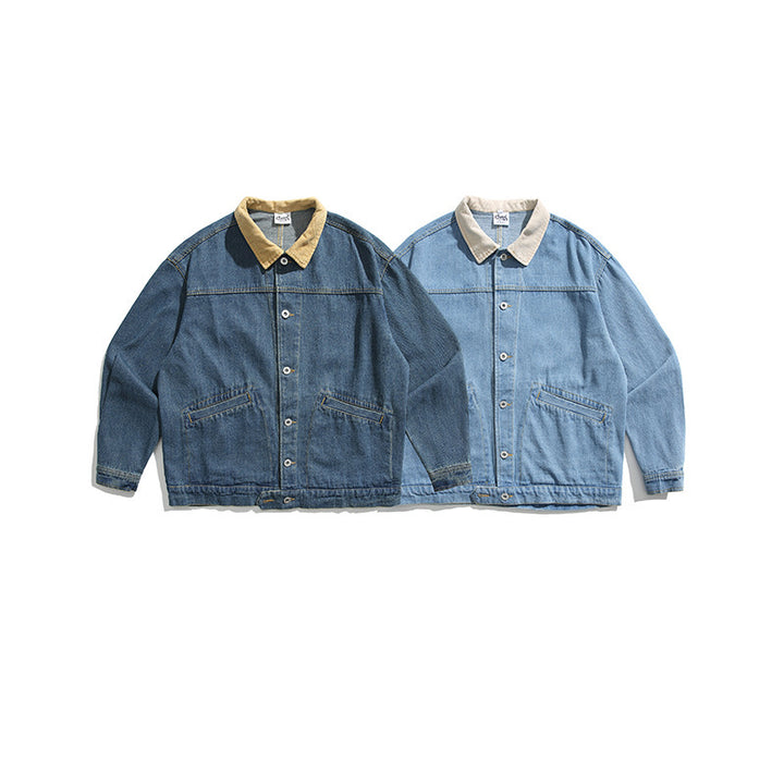 Unisex Boxy-Jeansjacke mit Cordkragen, Druckknopfleiste und Eingrifftaschen Echo Archiv