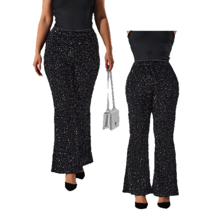 Damen Glamouröse Pailletten-Flared-Hose mit hohem Bund und Stretch echoarchiv-