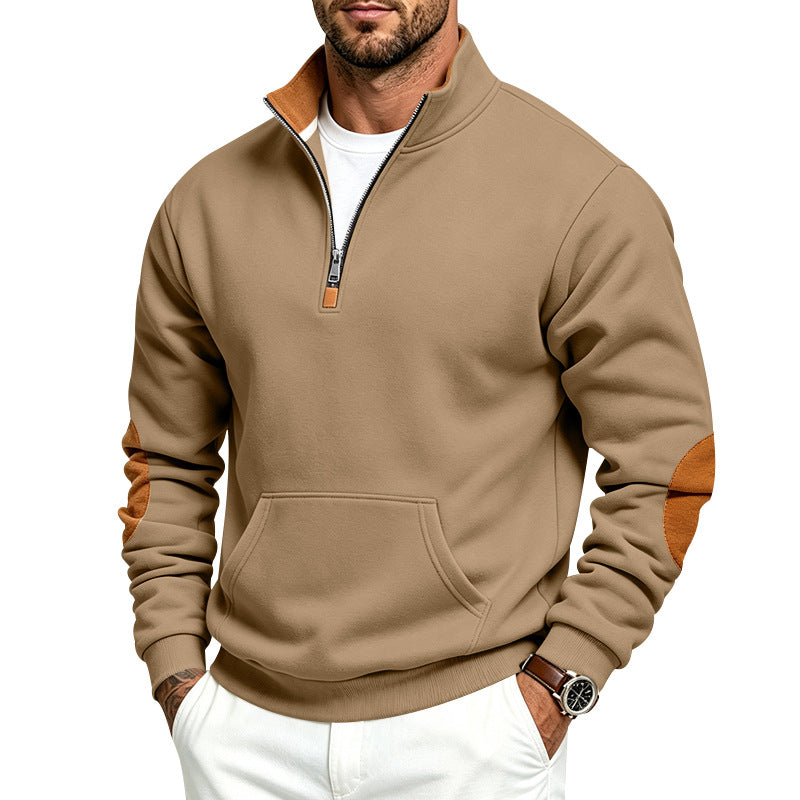 Herren Sweatshirt mit halbem Reißverschluss, Stehkragen und Ellenbogen-Patches Echoarchiv