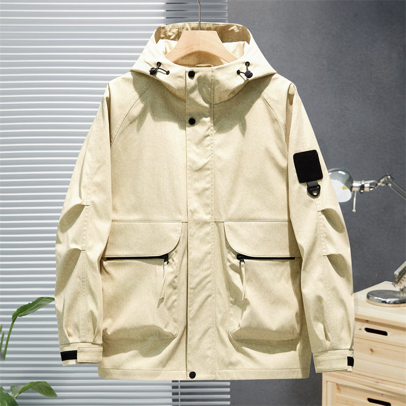 Herren Wasserabweisende Utility-Jacke mit Kapuze, verdecktem Reißverschluss & multifunktionalen Taschen Echoarchiv