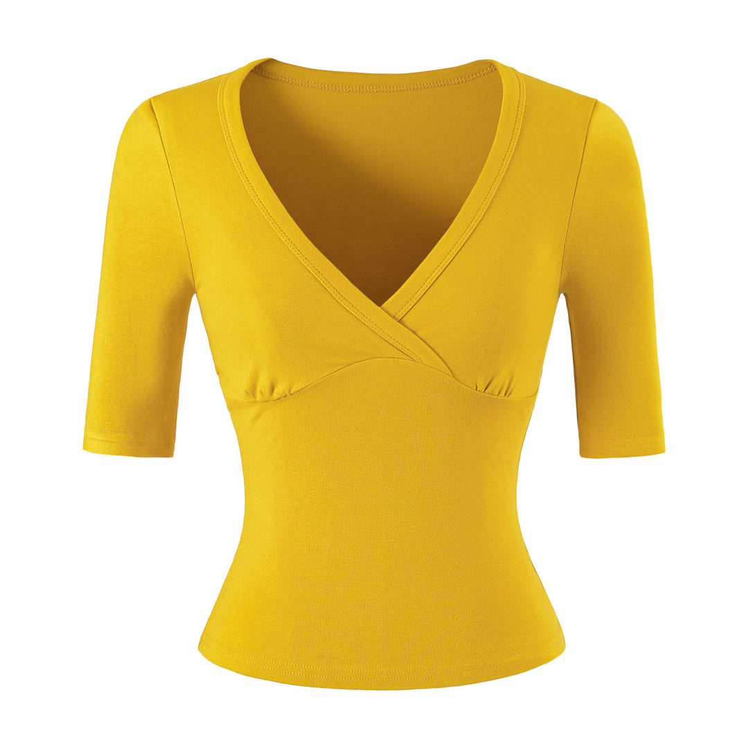 Damen Figurbetontes Wickelshirt mit tiefem V-Ausschnitt, dreiviertelärmeln und Taillenbetonung Echoarchiv