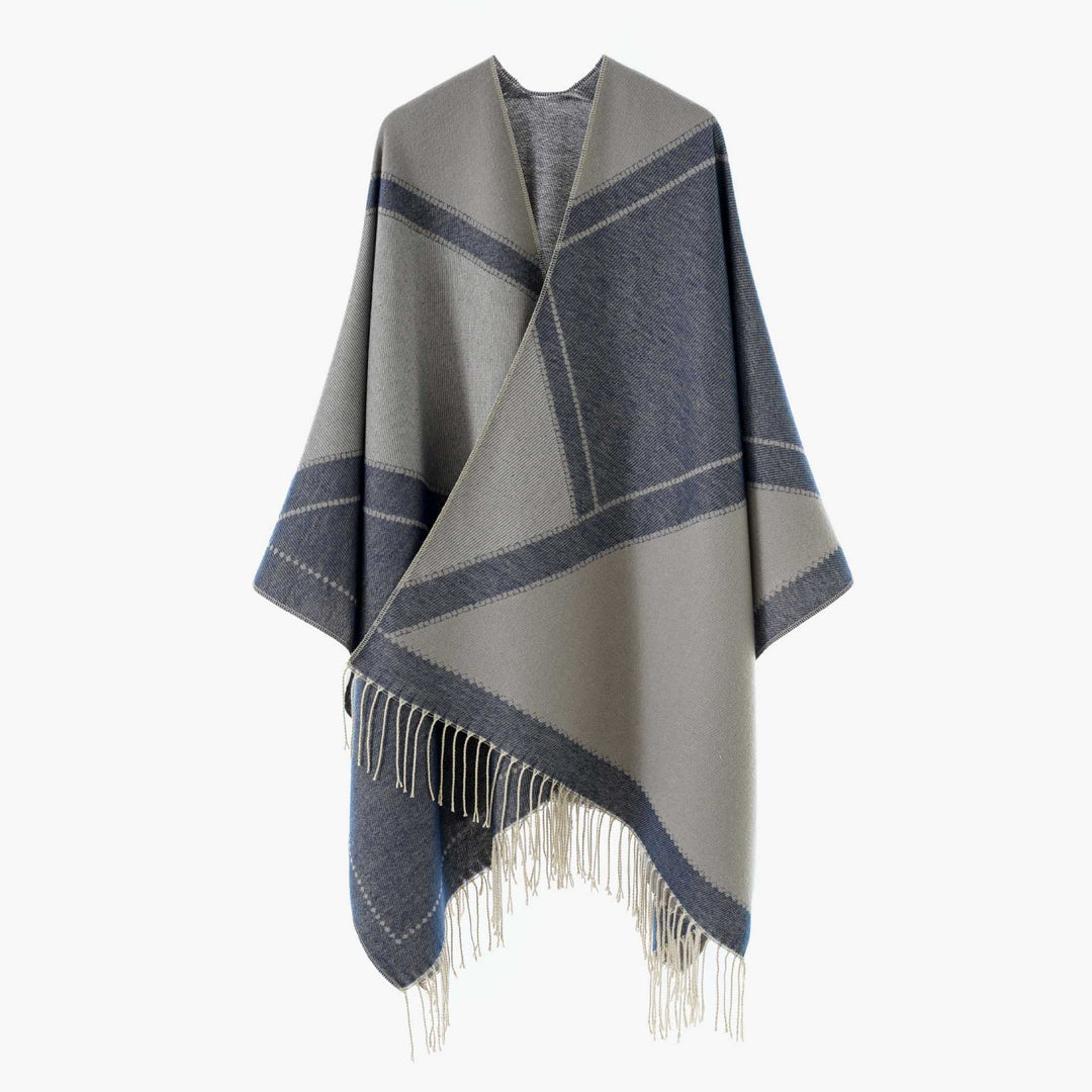 Damen Wendbarer Strickcape-Poncho mit Fransen und kontrastierenden Streifen – Avérine