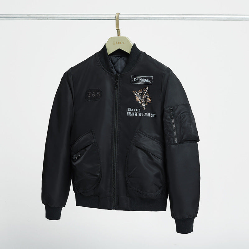 Men's padded pilot-style bomber jacket with embroidered jet motif and dual angled front cargo pockets – Brevano