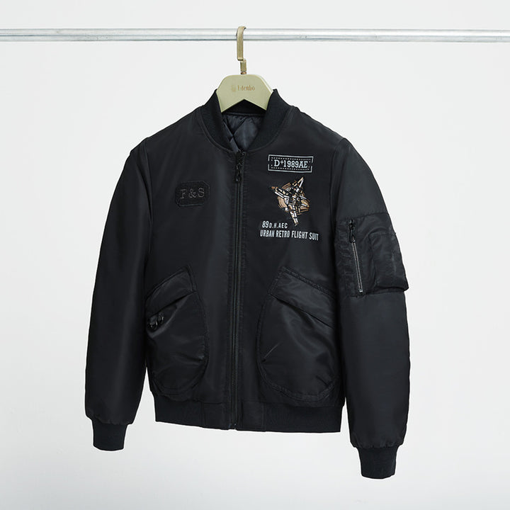 Men's padded pilot-style bomber jacket with embroidered jet motif and dual angled front cargo pockets – Brevano