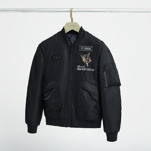 Men's padded pilot-style bomber jacket with embroidered jet motif and dual angled front cargo pockets – Brevano