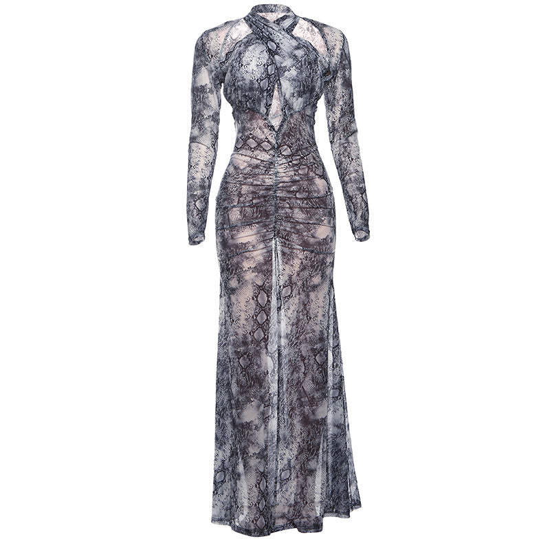 Damen Schlangehaut Maxikleid mit raffiniertem Schnitt und Deep-V-Ausschnitt Echo Archiv