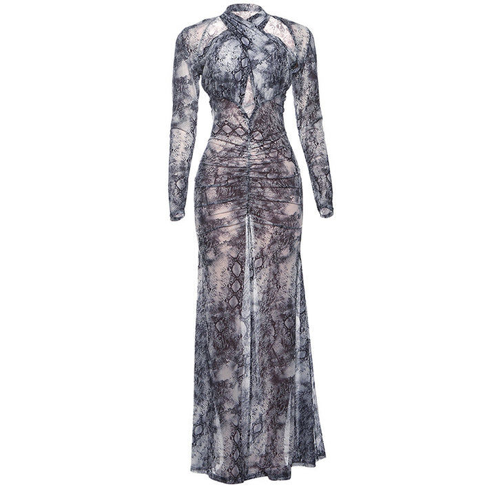 Damen Schlangehaut Maxikleid mit raffiniertem Schnitt und Deep-V-Ausschnitt Echo Archiv
