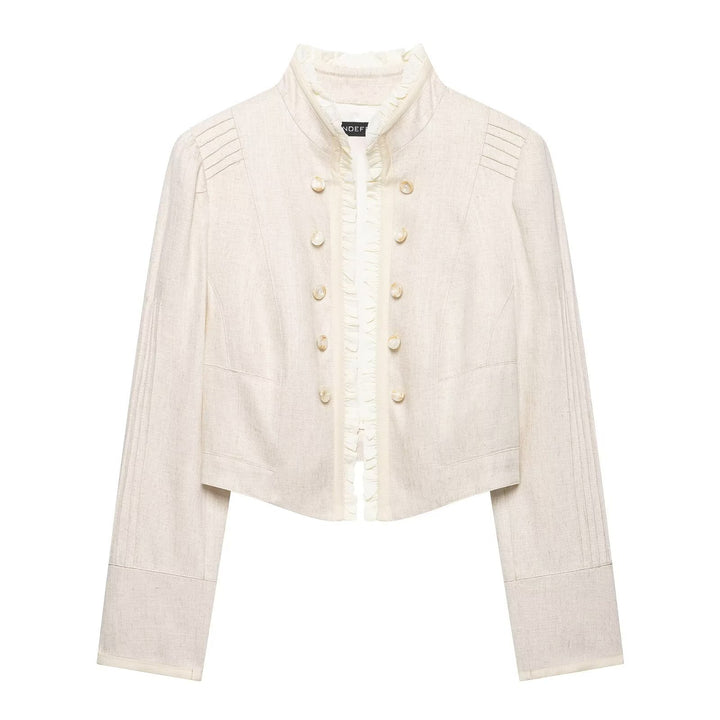 Damen Cropped Jacke mit Stehkragen, Biesenärmeln und Rüschenblende Echoarchiv