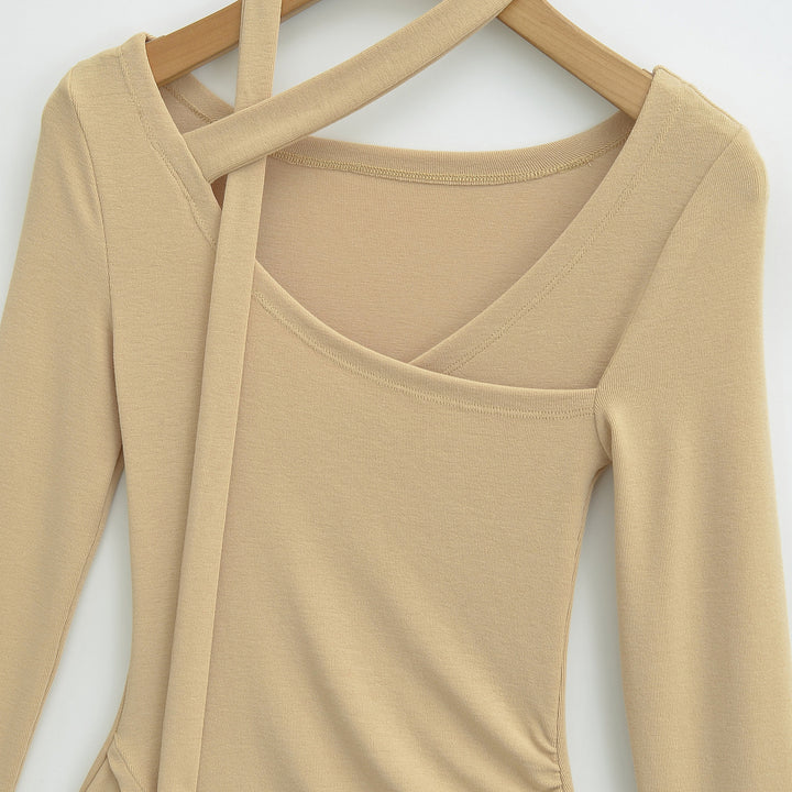 Damen Asymmetrisches tailliertes Langarm-Top mit Wickelschal, ausgestellten Volantärmeln und Stufenpeplum Echoarchiv