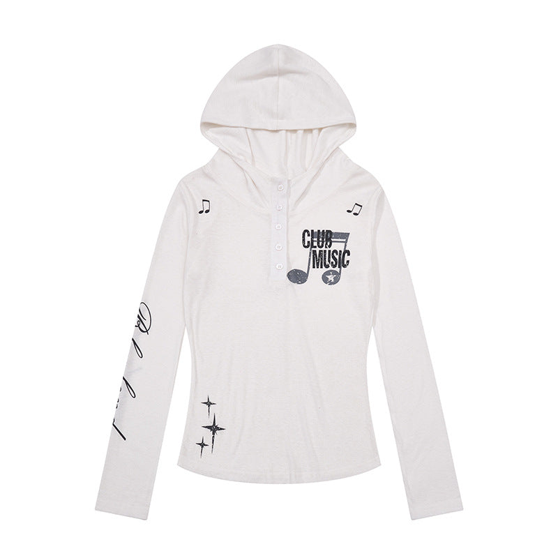 Damen Leichtes Langarm-Hoodie-Henleyshirt mit Knopfleiste, Kapuze und Music-Print Echoarchiv