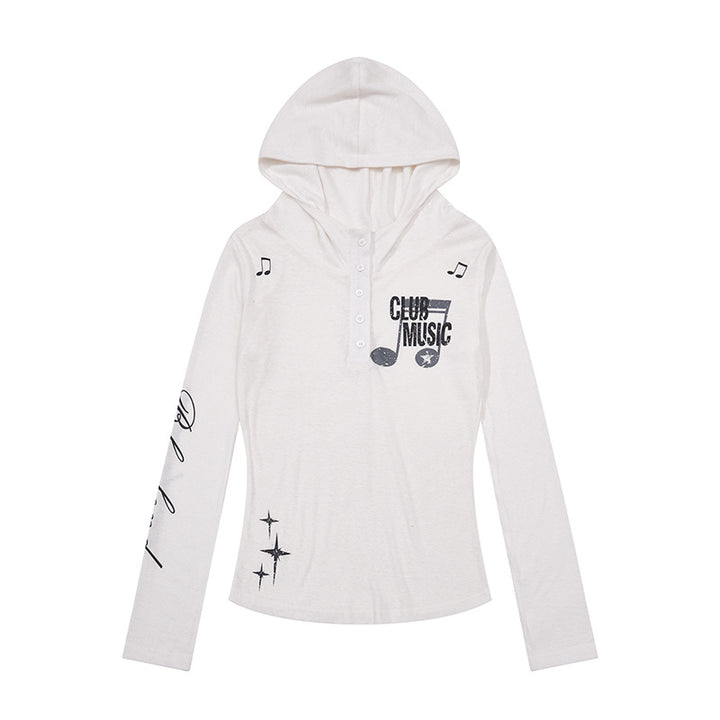 Damen Leichtes Langarm-Hoodie-Henleyshirt mit Knopfleiste, Kapuze und Music-Print Echoarchiv