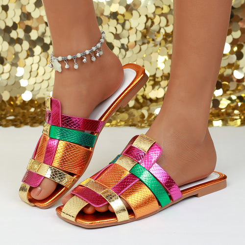 Damen nan moderne Riemen-Slipper mit geflochtenem Mehrlagen-Design und Schlangenprägung Echo Archiv