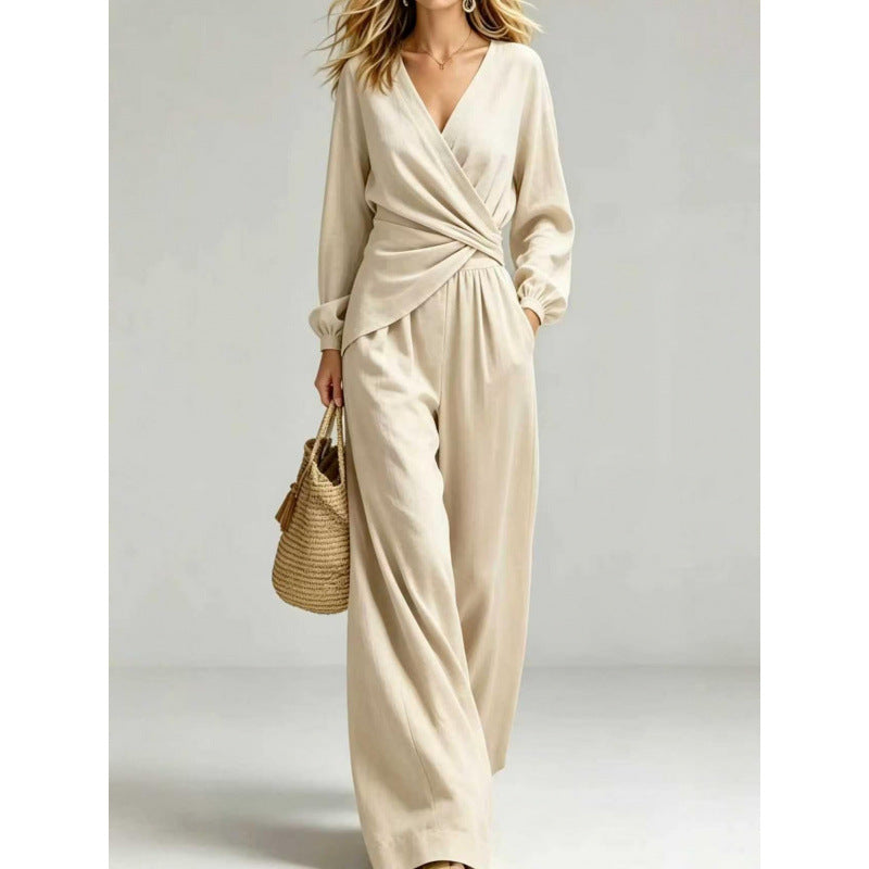 Damen Wickel-Jumpsuit mit weitem Bein und V-Ausschnitt Echoarchiv