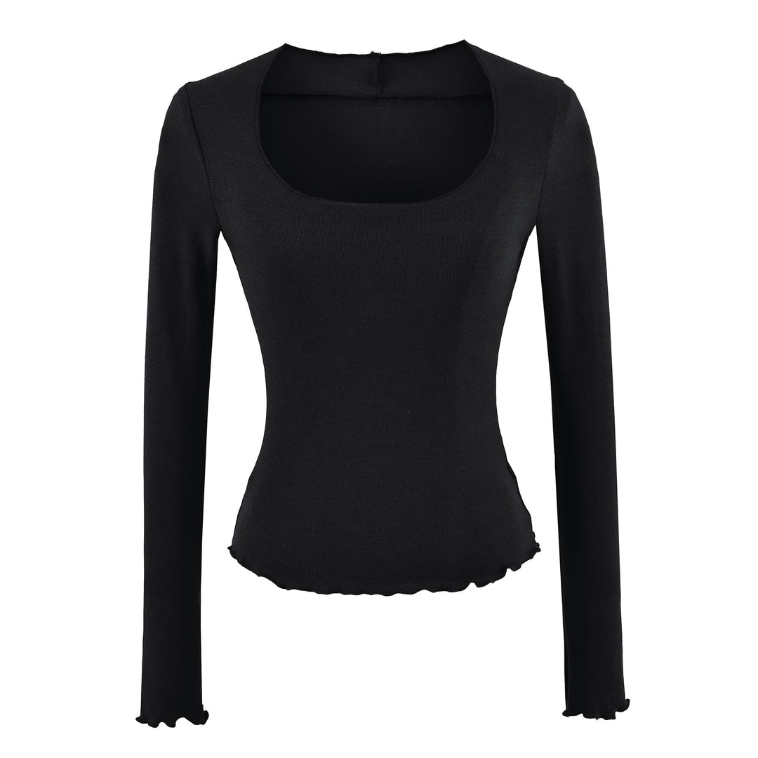 Damen Figurbetontes Langarm-Feinstrickshirt mit quadratischem Ausschnitt und Wellensaum Echoarchiv