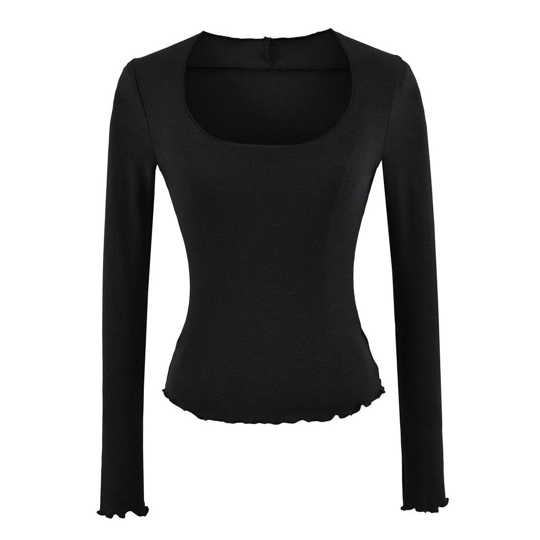 Damen Figurbetontes Langarm-Feinstrickshirt mit quadratischem Ausschnitt und Wellensaum Echoarchiv