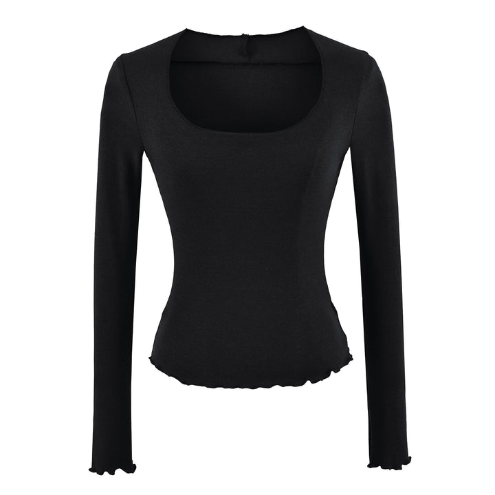 Damen Figurbetontes Langarm-Feinstrickshirt mit quadratischem Ausschnitt und Wellensaum Echoarchiv