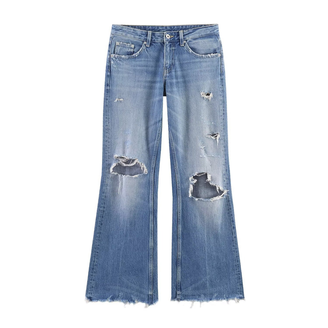 Damen High‑Waist Schlagjeans mit Destroy-Effekt und ausgefranstem Saum Echoarchiv
