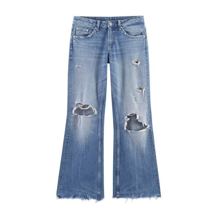Damen High‑Waist Schlagjeans mit Destroy-Effekt und ausgefranstem Saum Echoarchiv