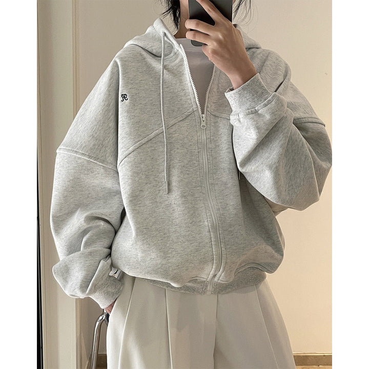 Damen Boxy-Oversize Kapuzen-Sweatjacke mit diagonalem Nahtdetail Echoarchiv
