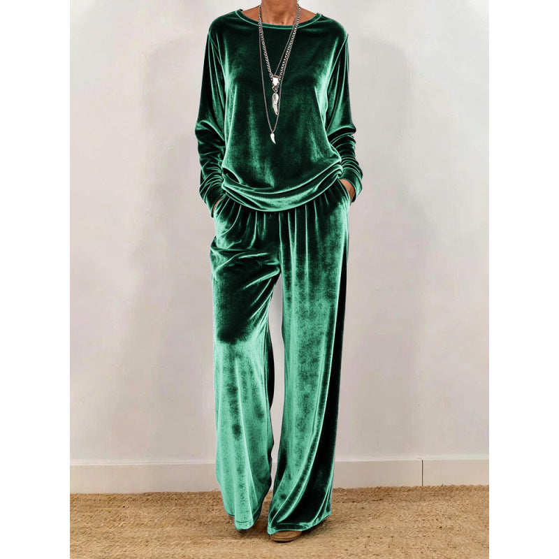 Damen Samt-Loungewear-Set mit weitem Bein, elastischem Bund und Rundhalsausschnitt – Élanora