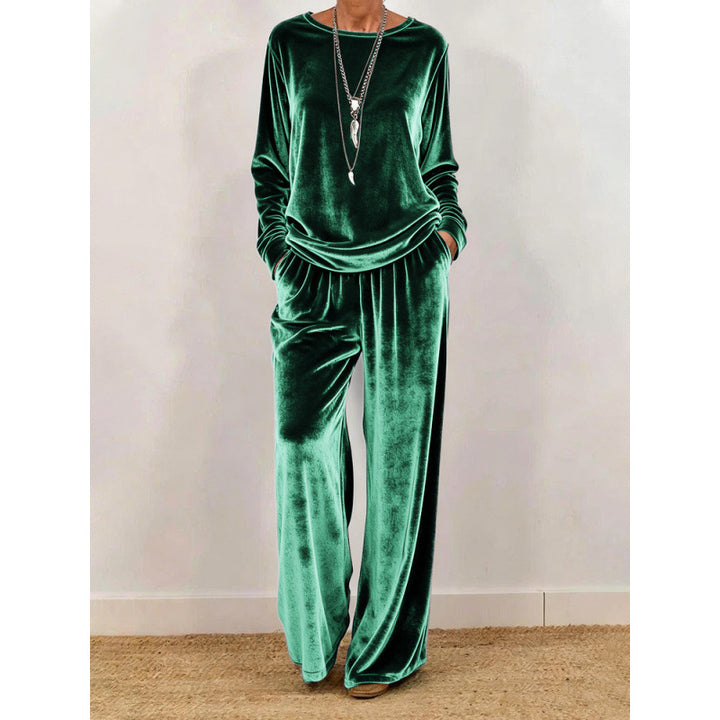 Damen Samt-Loungewear-Set mit weitem Bein, elastischem Bund und Rundhalsausschnitt – Élanora